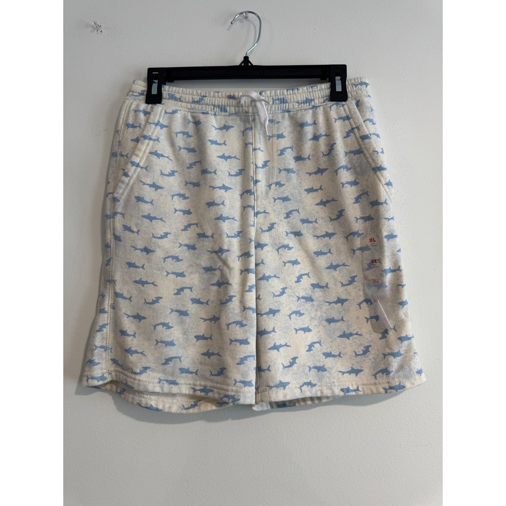 Old Navy Shark Print Fleece Shorts Boys XL 14-16 Cream Blue Drawstring